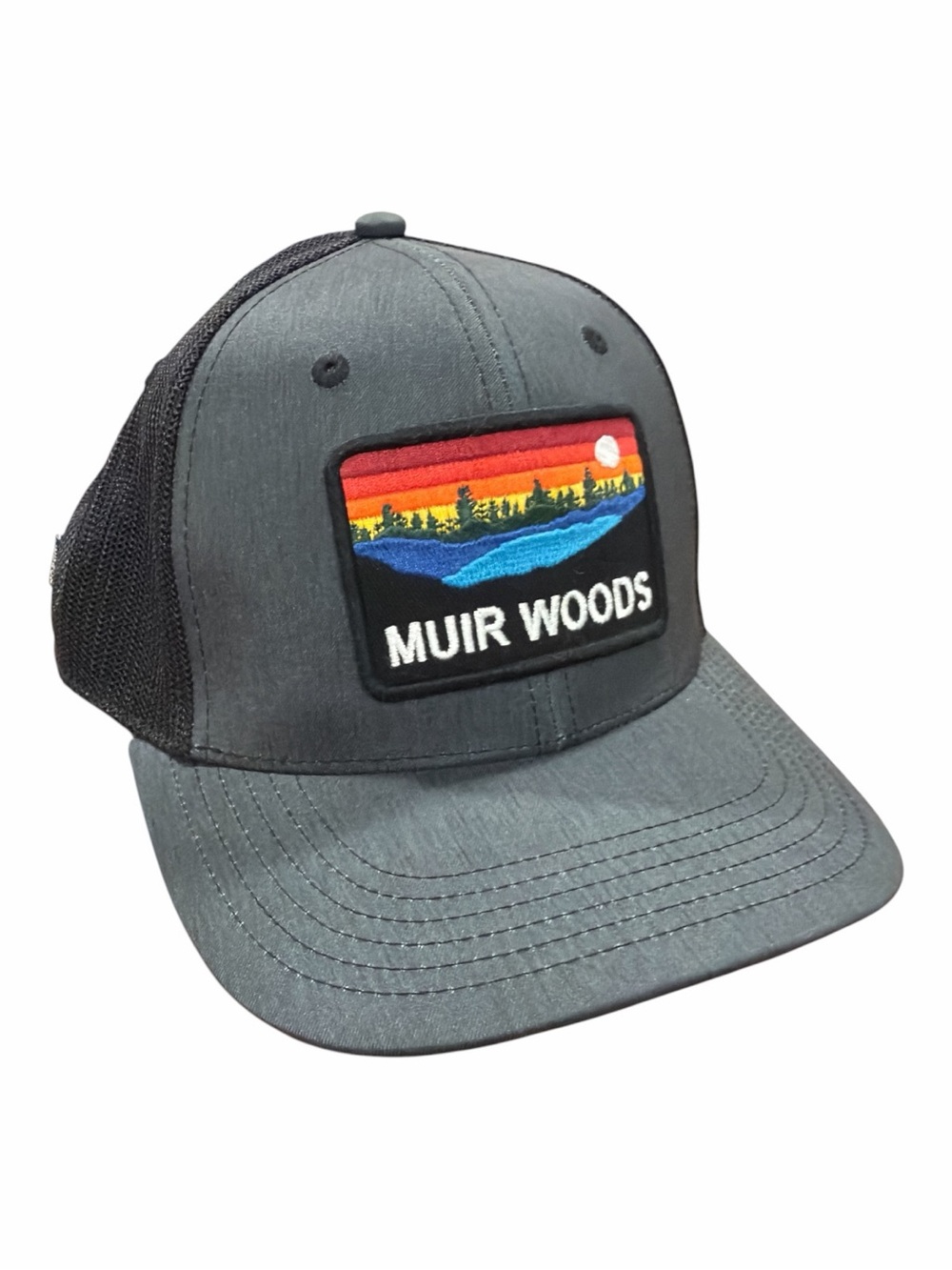 Muir Woods Patch Trucker Hat in Charcoal and Black